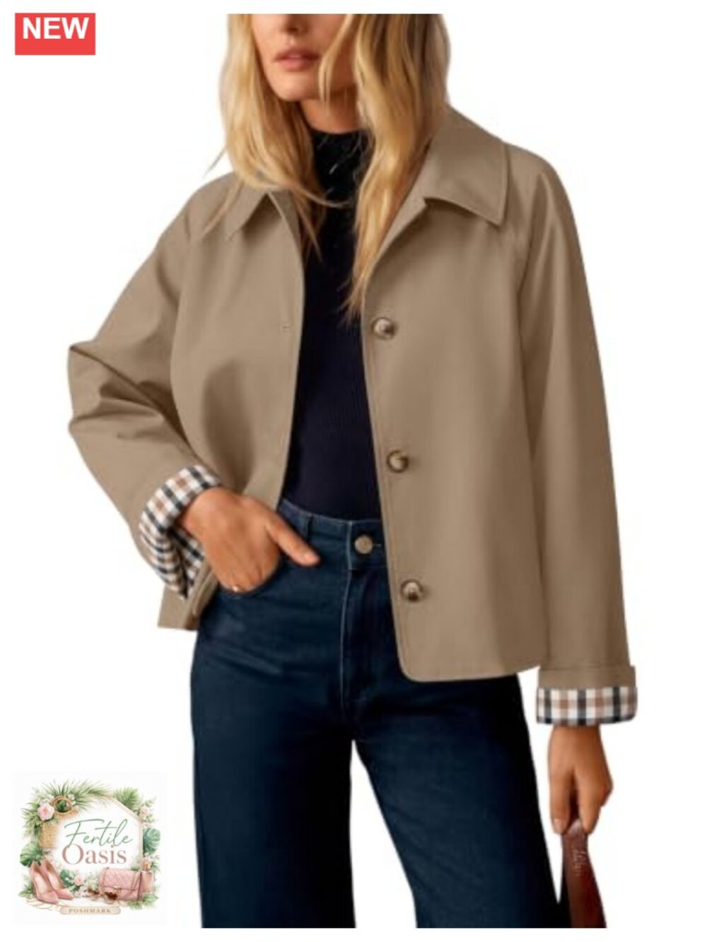 Cropped Plaid Trench Coat Lightweight Polyester Fall Jacket Button Front